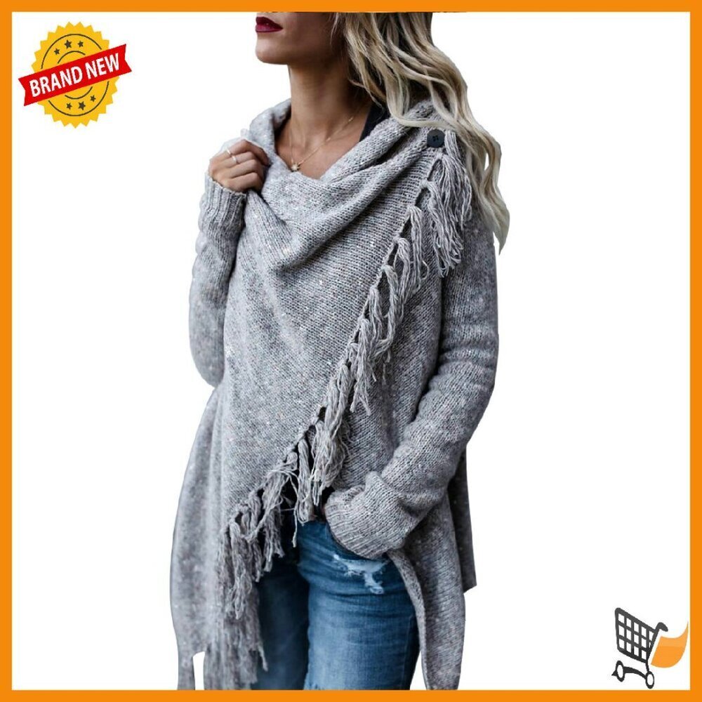 Women's Tassel Hem Sweater Cardigan Pullover Poncho Coat Long Sleeve